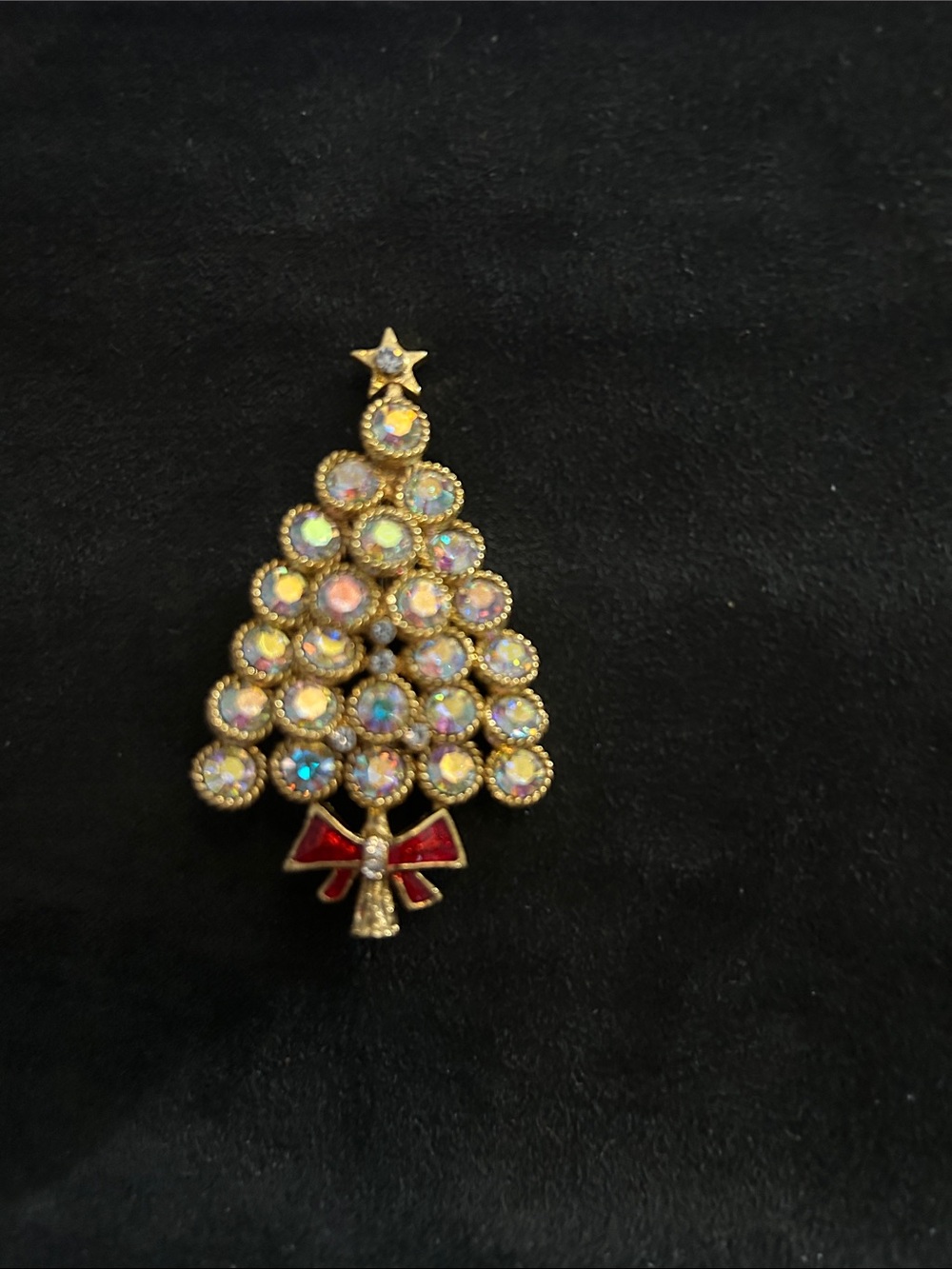 Gold-Tone Aurora Borealis Crystal Christmas Tree Brooch with Red Bow